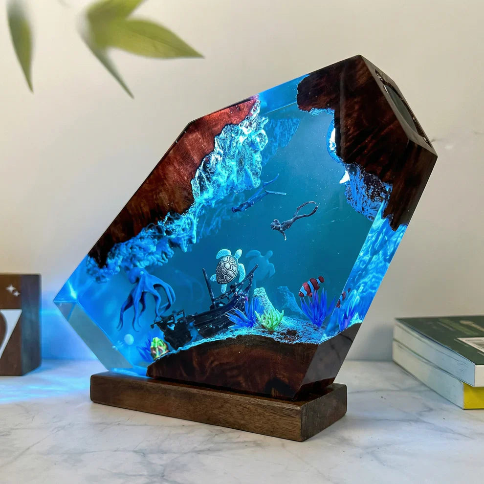 Large Octopus, Turtle and Divers Resin Lamp
