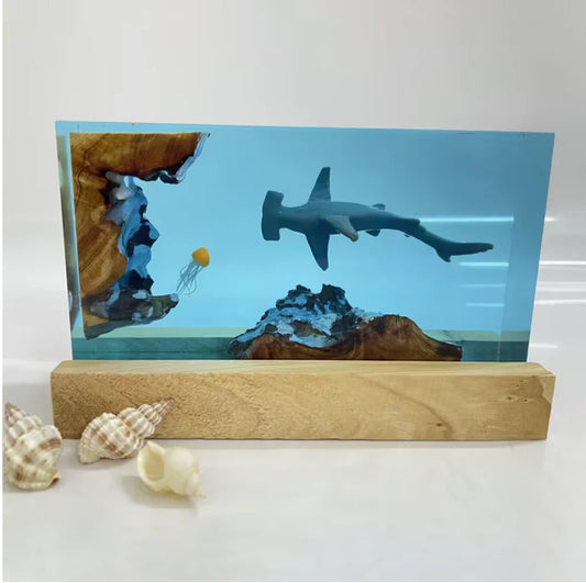 Hammerhead Shark and Jellyfish Resin Lamp