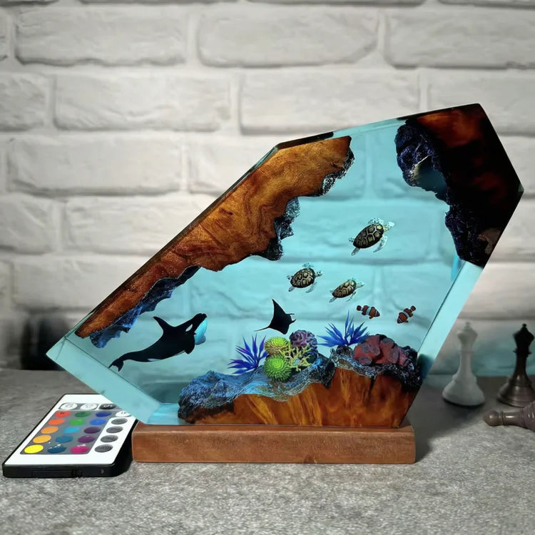 Orca, Turtle, Fish and Mantra Resin Lamp